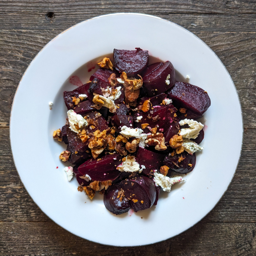 Roasted Beet Salad with Herbed Goat Cheese and Dijon Dressing