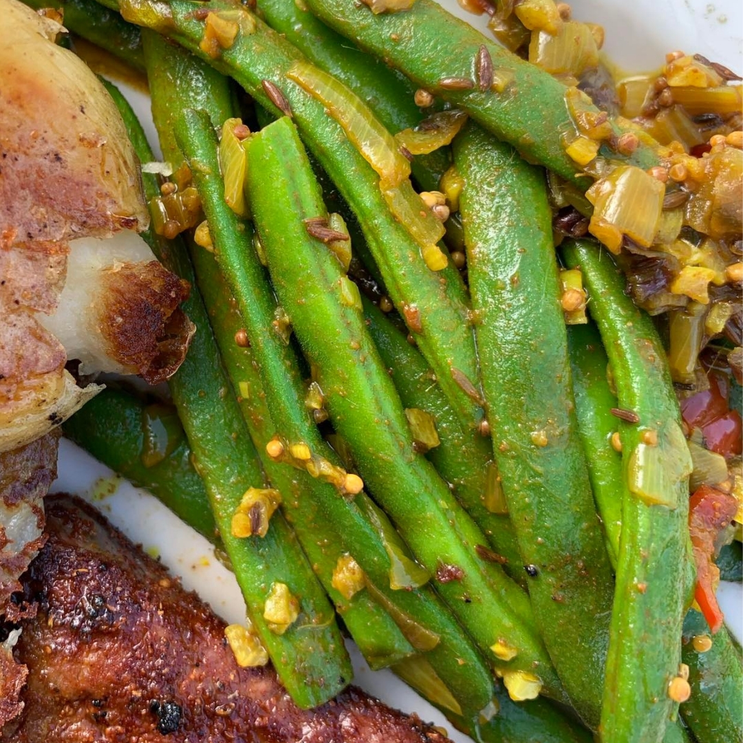 Green Beans with Shallots, Toasted Mustard and Cumin Seeds